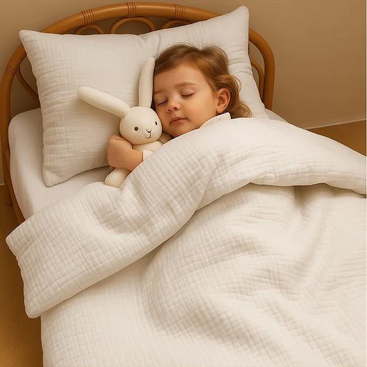 Drap housse pour lit de bébé en double gaze de coton biologique blanc, posé à plat et révélant sa texture gaufrée et douce. 60x120