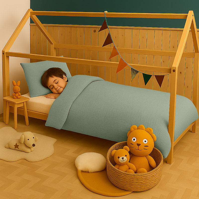 Housse de couette pour lit d'enfant en coton biologique de couleur vert sauge