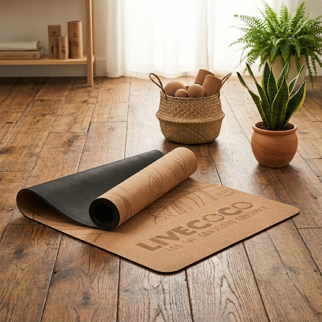 Tapis de yoga professionnel en liège naturel antidérapant posé sur une surface en caoutchouc brut, idéal pour le yoga et le pilates
