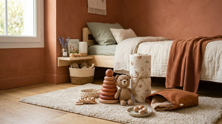 Collection de jouets en bois et accessoires pour enfant dans une chambre d'esprit bohème au mur terracotta et tapis beige - Naturit