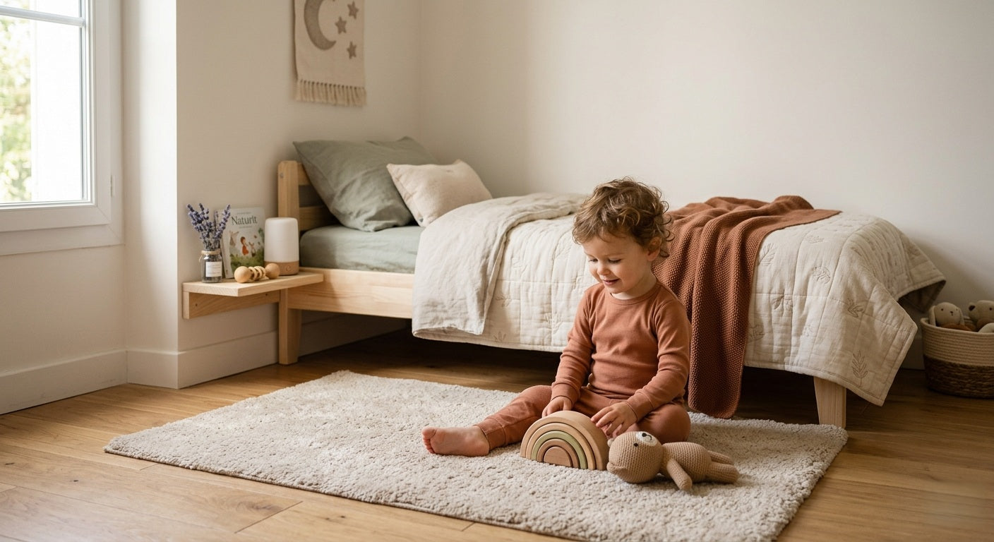Chambre d'enfant éco-responsable avec parure de lit en coton bio lavé, couverture gaufrée terracotta, peluche ours et bouquet de lavande sur la table de nuit.