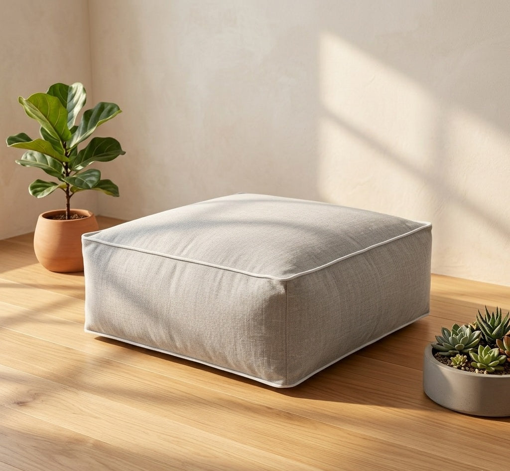 Grand coussin de sol carré de style zafu pour la méditation, en tissu de lin et coton de couleur beige naturel, posé dans un espace épuré.