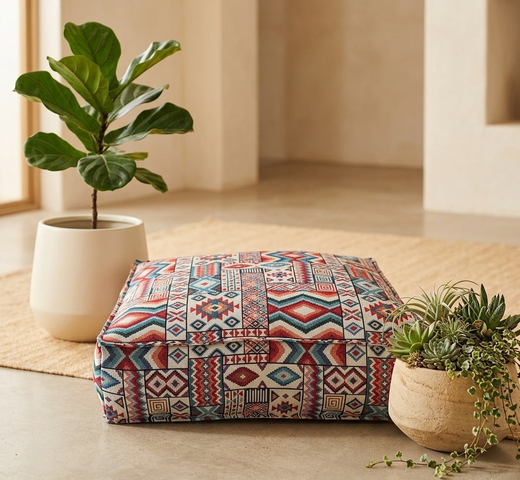 Grand coussin de sol zafu carré modèle Atlas, orné de motifs géométriques ethniques de style kilim aux couleurs rouge, bleu, orange et beige