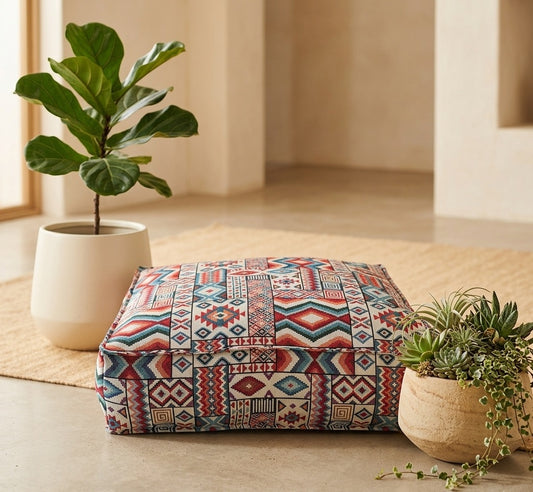 Grand coussin de sol zafu carré modèle Atlas, orné de motifs géométriques ethniques de style kilim aux couleurs rouge, bleu, orange et beige