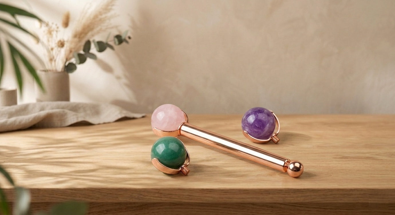 Roller de massage pour le contour des yeux. Trois têtes interchangeables de rollers faciaux en pierres naturelles (quartz rose, améthyste violette et aventurine verte) avec manche en alliage de zinc doré.