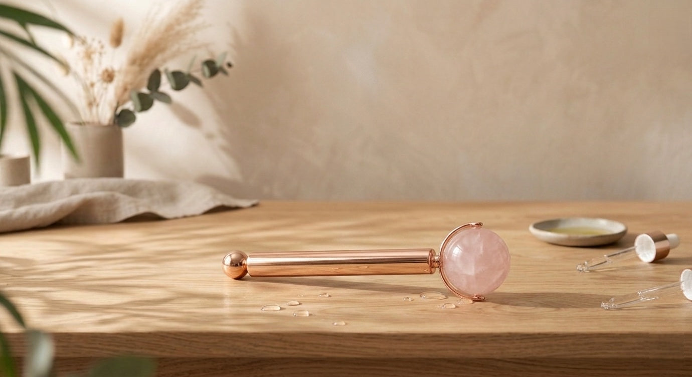 Roller de massage pour le contour des yeux. Trois têtes interchangeables de rollers faciaux en quartz rose, avec manche en alliage de zinc doré.