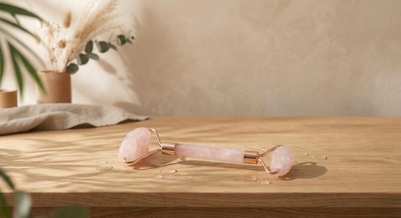 Rouleau de massage facial double embout en pierre fine naturelle de quartz rose avec une poignée ergonomique pour le drainage du visage.
