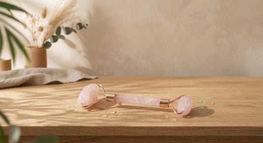 Rouleau de massage facial double embout en pierre fine naturelle de quartz rose avec une poignée ergonomique pour le drainage du visage.