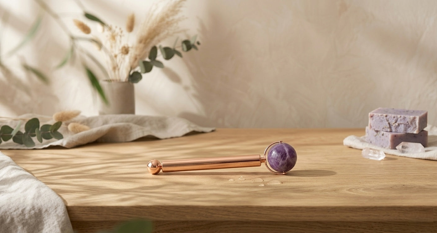 Roller de massage pour le contour des yeux. Trois têtes interchangeables de rollers faciaux en pierres naturelles améthyste violette avec manche en alliage de zinc doré.