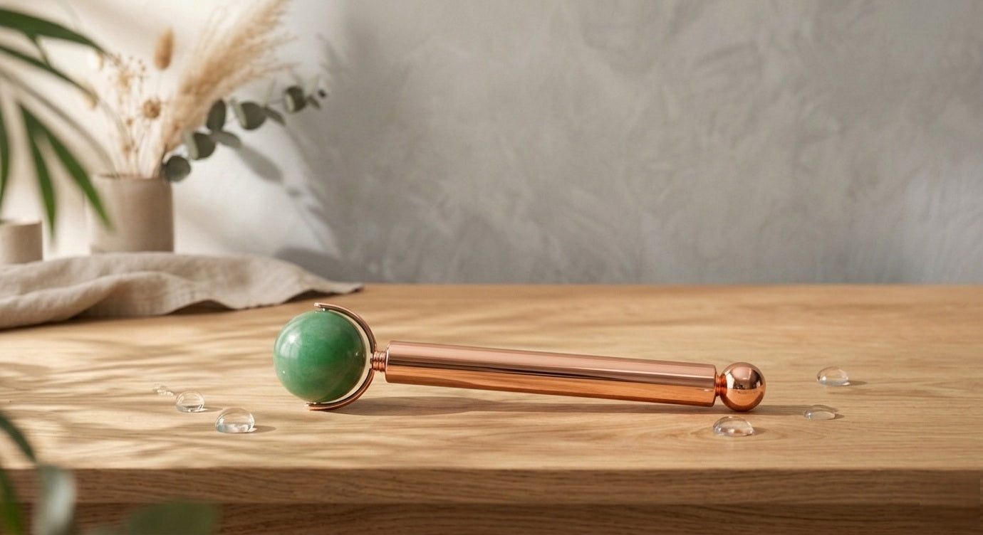 Roller de massage pour le contour des yeux. Trois têtes interchangeables de rollers faciaux en  aventurine verte avec manche en alliage de zinc doré.