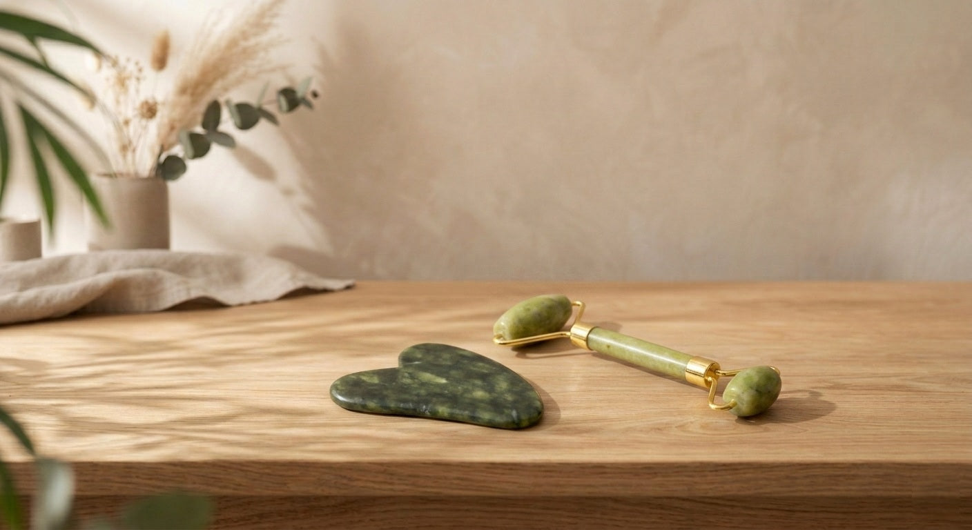 Coffret de soin de lithothérapie comprenant un rouleau de massage facial et une pierre Gua Sha en véritable jade vert naturel.