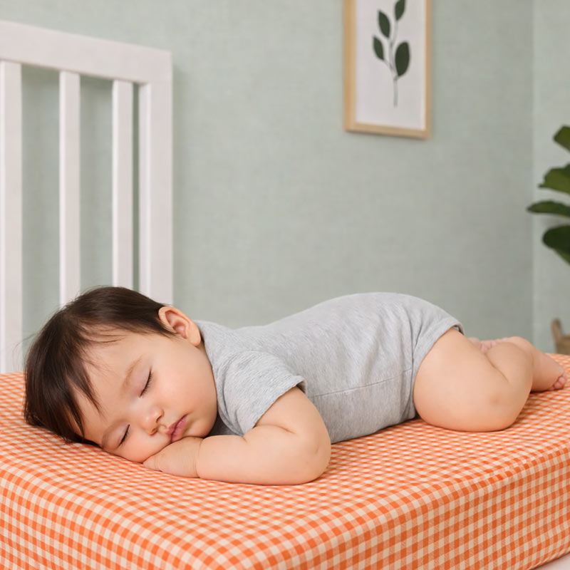 Drap housse pour lit de bébé en double gaze de coton biologique vichy, posé à plat et révélant sa texture gaufrée et douce. 60x120