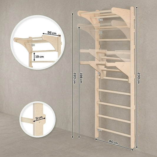 Échelle de gym en bois avec barre de traction réglable et barres de dips pour le sport à la maison.