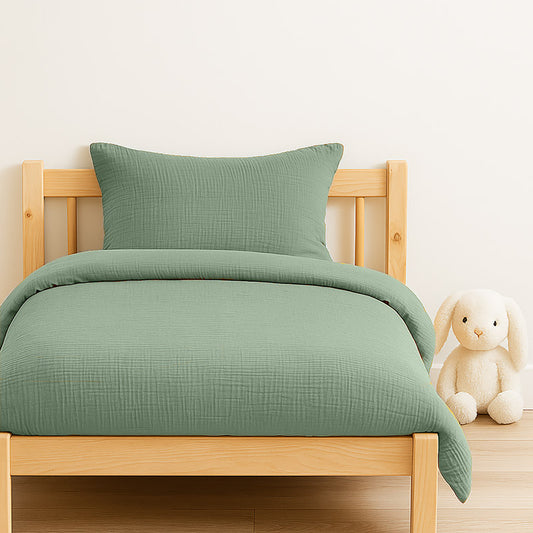 Housse de couette pour lit d'enfant en coton biologique de couleur vert sauge
