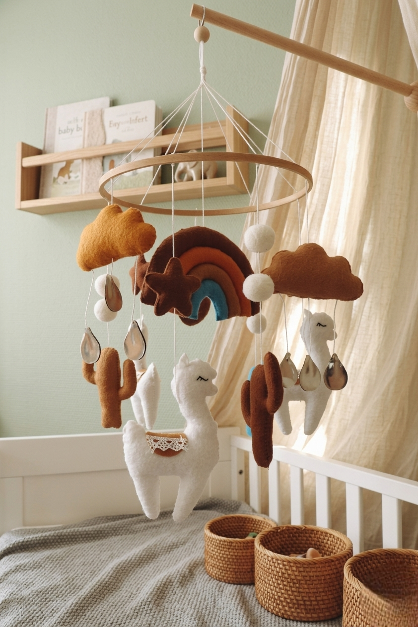 Mobile de lit pour bébé avec un support en bois suspendu au-dessus d'un berceau blanc. Il comporte des peluches en feutrine : des lamas blancs, des cactus marrons, des nuages ocre et un grand arc-en-ciel aux tons terracotta et bleu.