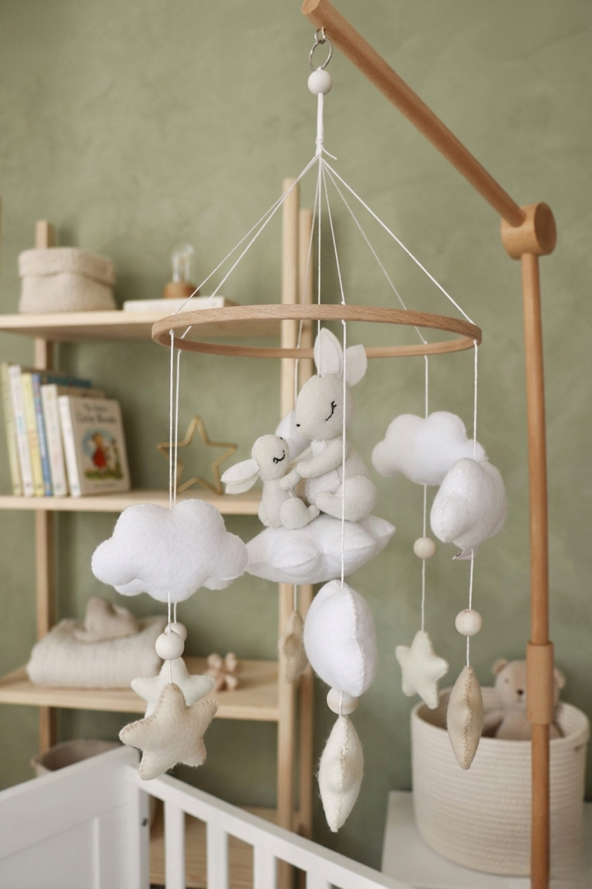 Mobile de berceau en bois pour bébé avec des peluches en feutrine blanche représentant une maman lapin et son petit assis sur un nuage, entourés d'étoiles beige et de nuages blancs.