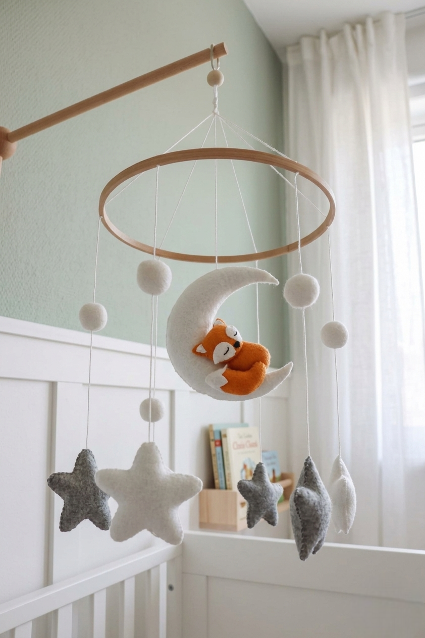 Mobile de lit pour bébé en bois avec un renard orange endormi sur un croissant de lune blanc, entouré d'étoiles et de boules en feutrine grises et blanches.