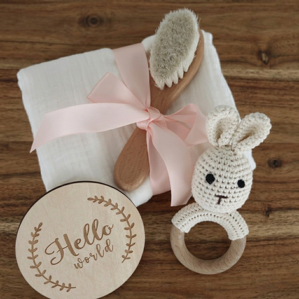 Coffret cadeau naissance pour bébé en bois et coton sur fond en bois, avec hochet lapin en crochet, lange tetra blanc et brosse à cheveux douce pour bébé.