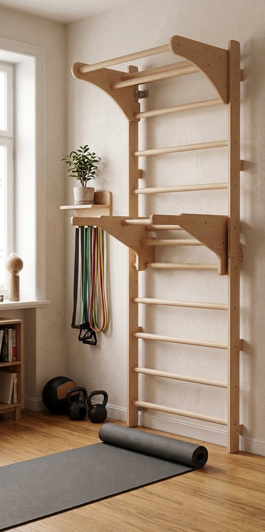 Échelle de gym en bois avec barre de traction réglable et barres de dips pour le sport à la maison.