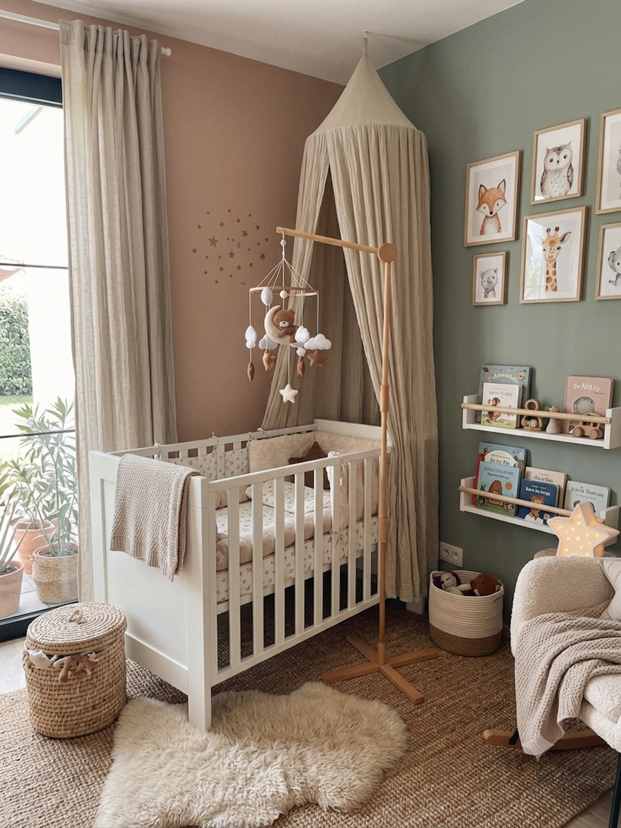 Photo d'une chambre de bébé chaleureuse de style bohème avec un lit à barreaux blanc surmonté d'un ciel de lit en gaze de coton beige et d'un mobile en bois avec un ourson suspendu. À droite, un mur vert sauge est décoré de cadres d'animaux et de petites étagères de livres. Au sol, un tapis en fibre naturelle et une peau de mouton douce.