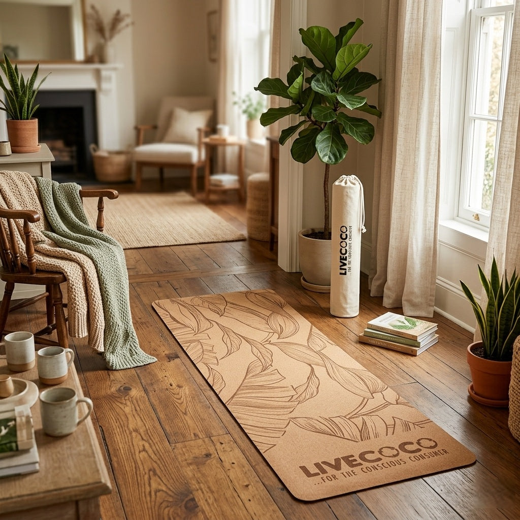 Tapis de yoga professionnel en liège naturel antidérapant posé sur une surface en caoutchouc brut, idéal pour le yoga et le pilates.